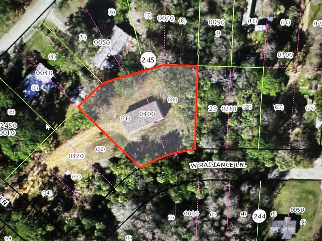 This is an aerial map showing a property parcel outlined in red on W Radiance Ln — 7697 W RADIANCE LANE, HOMOSASSA, FL