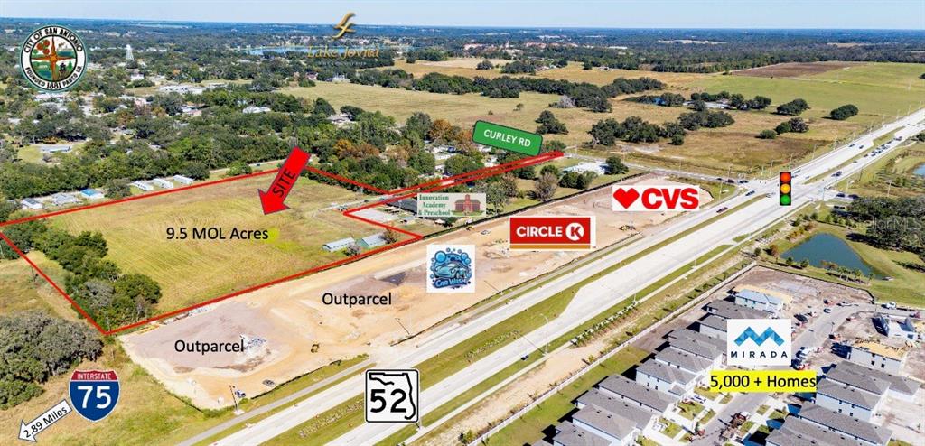 This aerial map shows a 9.5-acre development site near State Road 52 and Interstate 75 — 0 BOYS VILLAGE LANE, SAN ANTONIO, FL