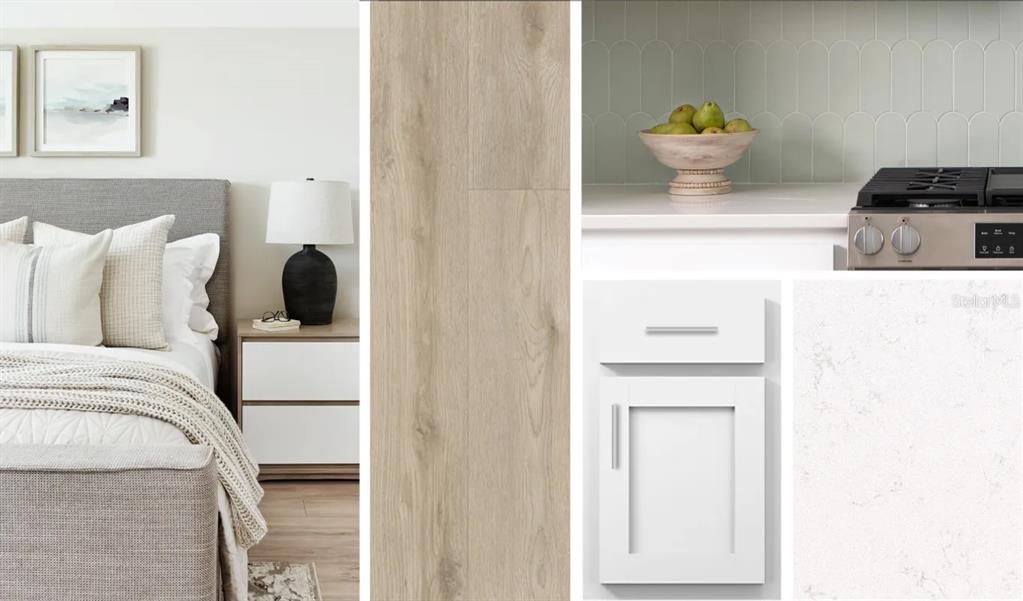 This collage displays interior design finishes including flooring, cabinetry, countertops, and bedroom furniture — 17398 SWEET MORO DRIVE, WINTER GARDEN, FL