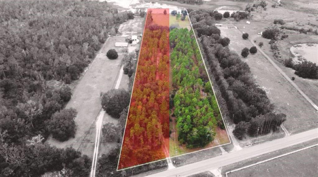 An aerial view shows a rectangular plot of land highlighted with red and green overlays — 19751 COUNTY ROAD 33, GROVELAND, FL