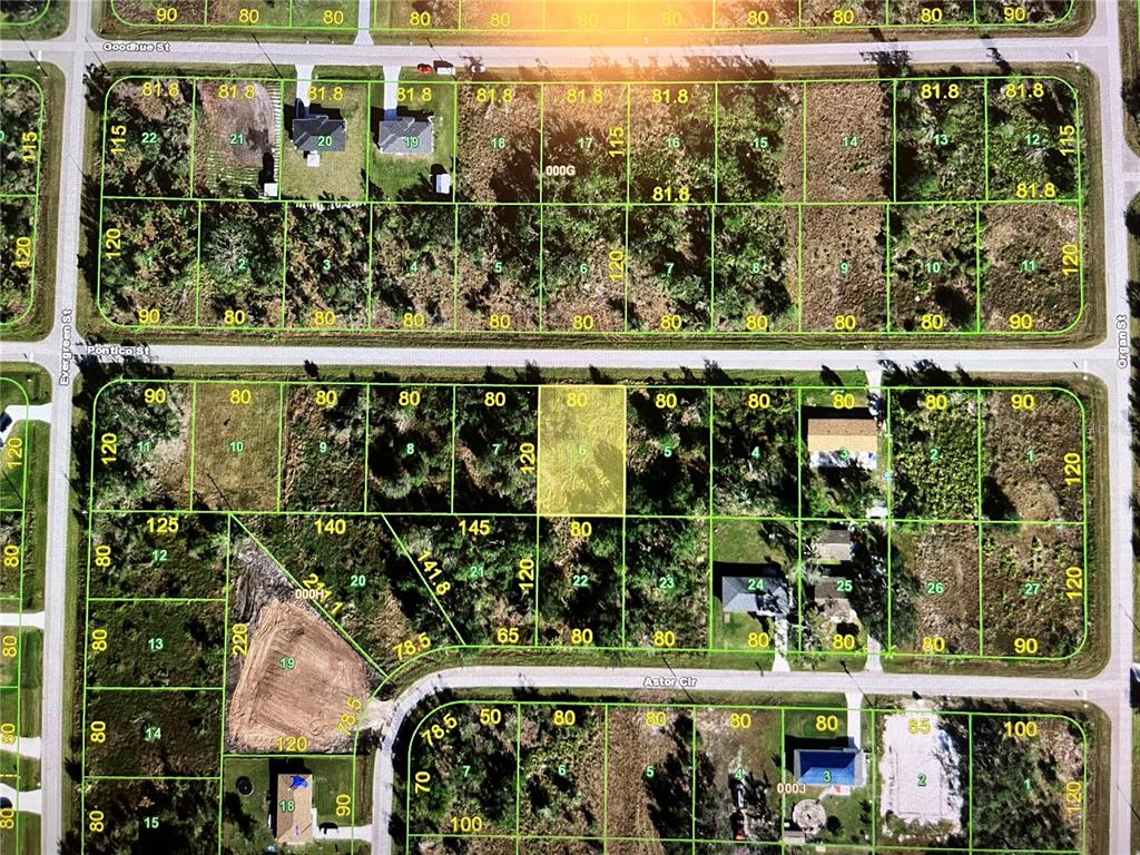 This is an aerial map showing residential lots and streets in a suburban neighborhood — 29441 PONTICO STREET, PUNTA GORDA, FL