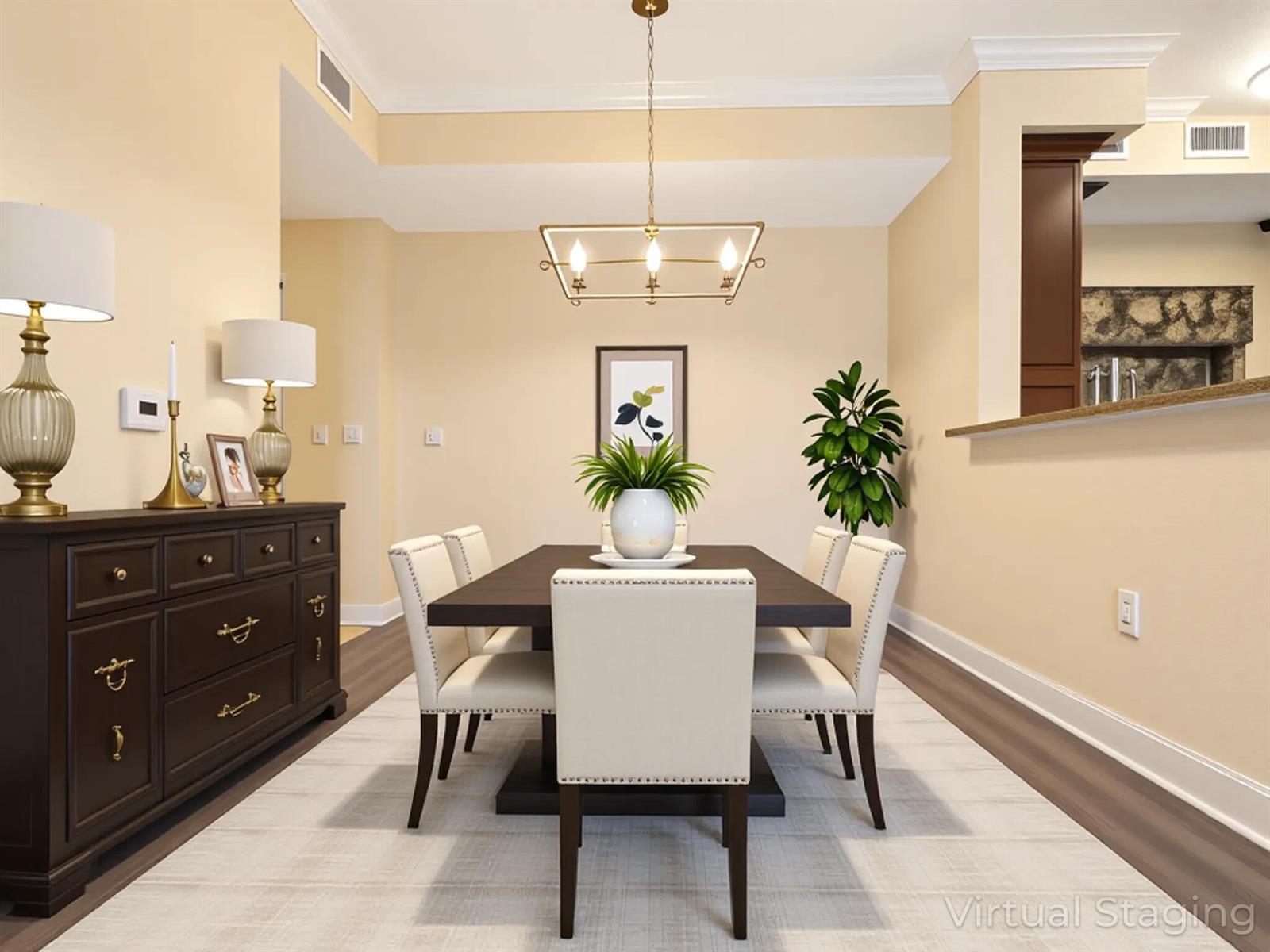 A dining room features a dark wood table, upholstered chairs, a sideboard, and pendant lighting — 1690 Renaissance Commons Boulevard # 1412, Boynton Beach FL 33426, BOYNTON BEACH, FL