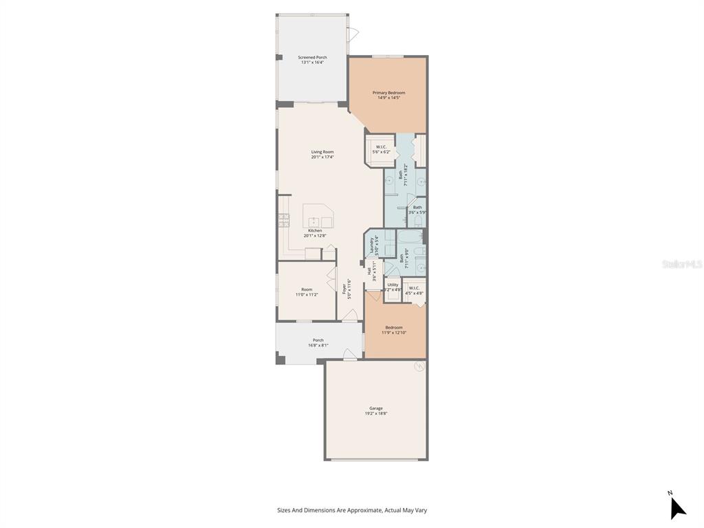 This is a floor plan of a house featuring a garage, porch, and screened porch — 14632 BAREFOOT LANE, PARRISH, FL