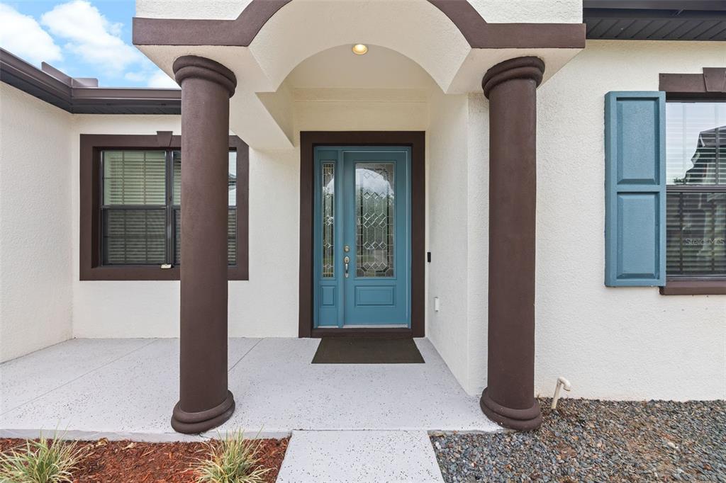 A front entryway features a blue door with glass panels between two dark brown columns — 11026 BRAHMAN RANCH CIRCLE, RIVERVIEW, FL