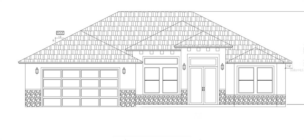 This is an architectural rendering of a single-story house exterior with a stone-accented facade — 2264 BRUBECK ROAD, NORTH PORT, FL