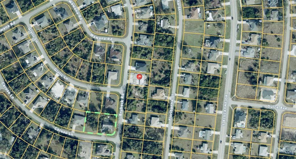 This is an aerial map showing residential lots and streets in a suburban neighborhood — 2264 BRUBECK ROAD, NORTH PORT, FL