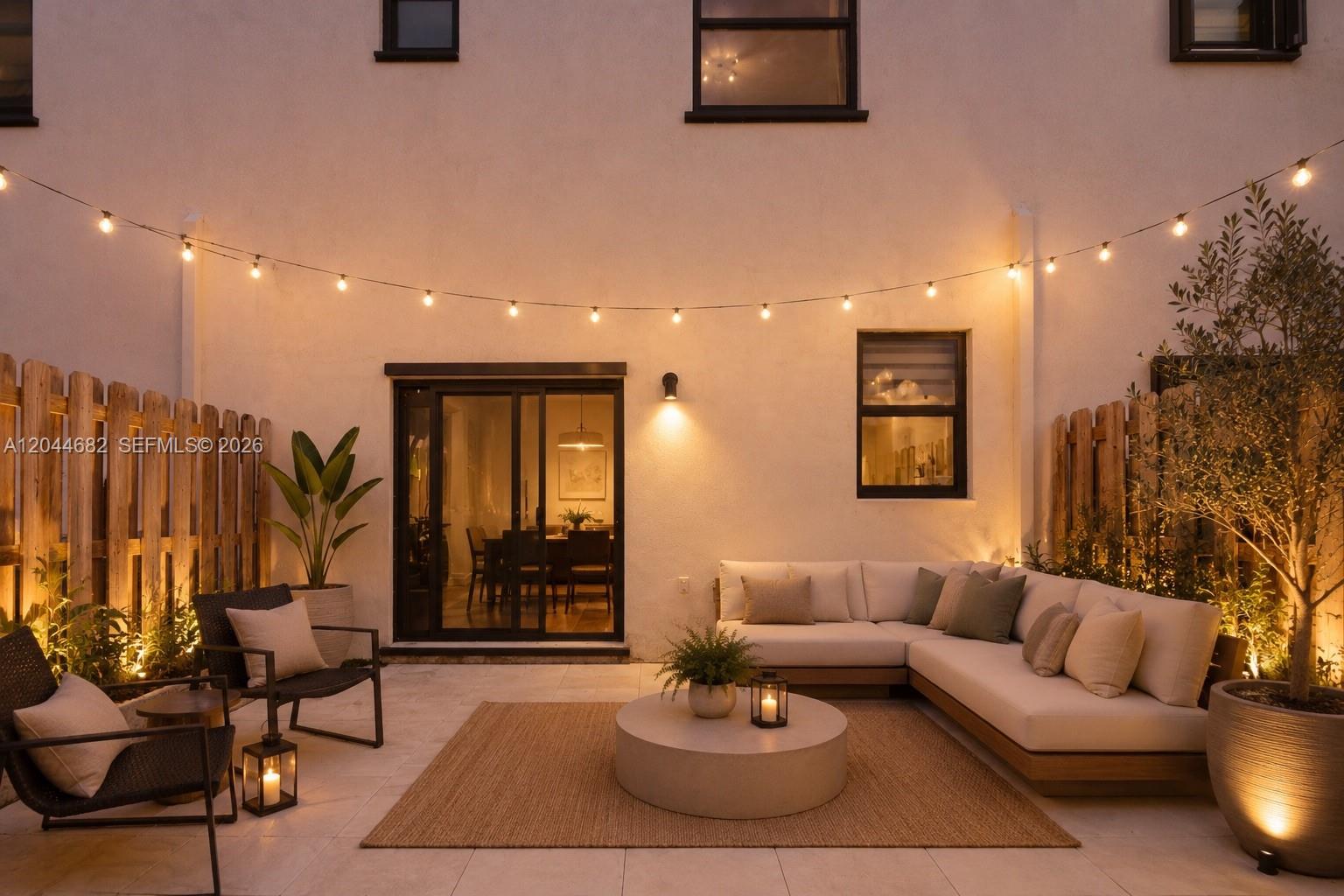 A patio features a sectional sofa, a round coffee table, and string lights at night — 10079 SW 228 # 10079, Miami FL 33190, MIAMI, FL