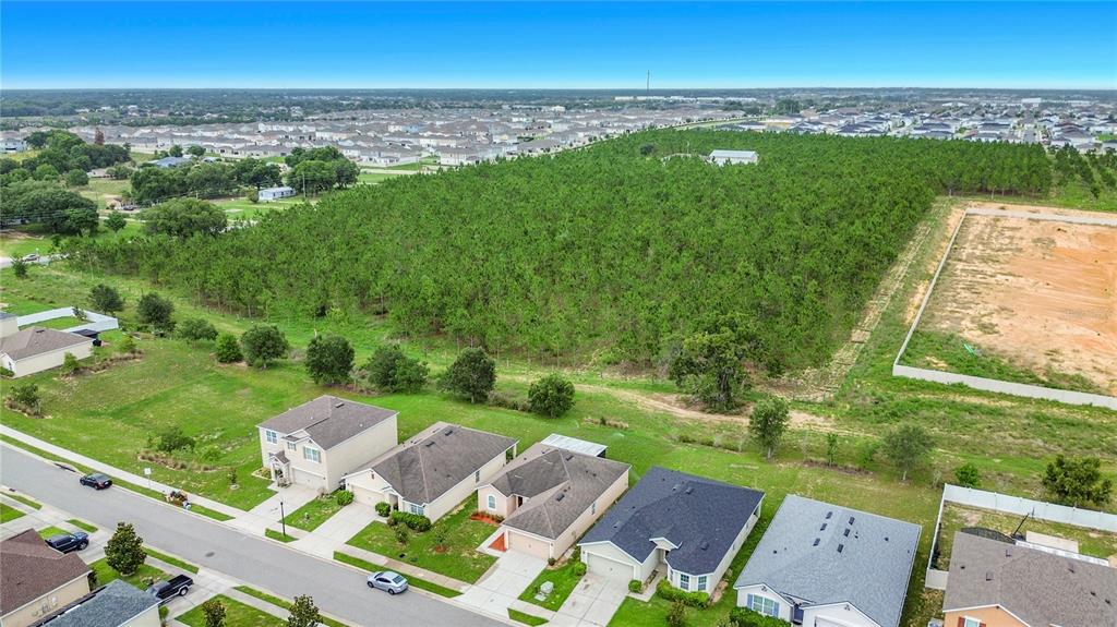 An aerial view shows a suburban neighborhood street with houses bordering a large wooded area — 357 NOVA DRIVE, DAVENPORT, FL
