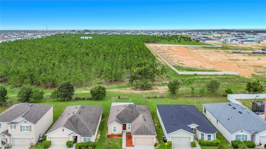 An aerial view shows several suburban houses bordering a large wooded area and cleared land — 357 NOVA DRIVE, DAVENPORT, FL