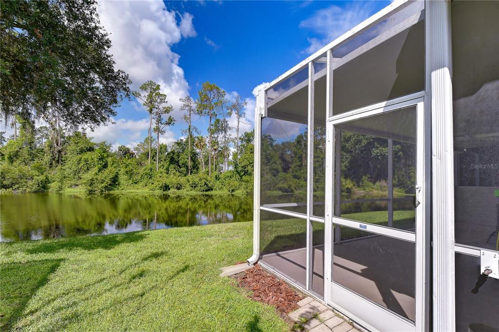A screened-in patio overlooks a grassy lawn and a pond surrounded by trees — 3332 CHAPEL CREEK CIRCLE, WESLEY CHAPEL, FL