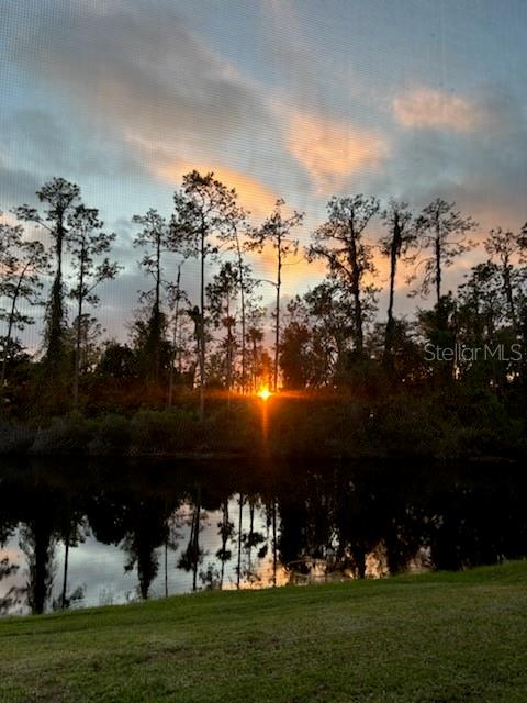 A view of a sunset over a pond and trees seen through a screen enclosure — 3332 CHAPEL CREEK CIRCLE, WESLEY CHAPEL, FL