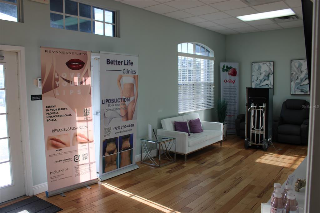 A waiting room features light green walls, hardwood floors, a white sofa, and promotional banners — 2835 ALT 19 HIGHWAY, PALM HARBOR, FL