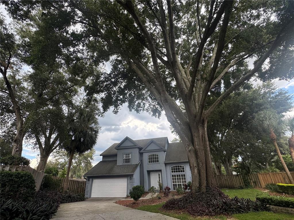 A two-story blue house with a white garage door sits behind a large mature tree — 1206 CORNERSTONE COURT, ORLANDO, FL