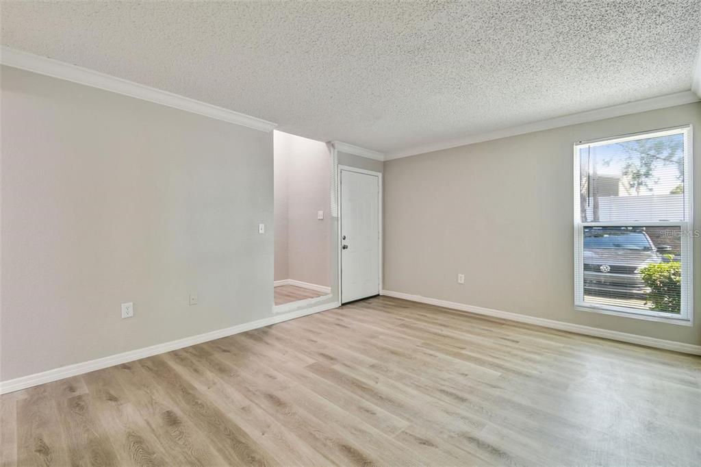 An empty living room features light wood-look flooring, gray walls, and a white entry door — 726 HAVEN PLACE UNIT 726, TARPON SPRINGS, FL