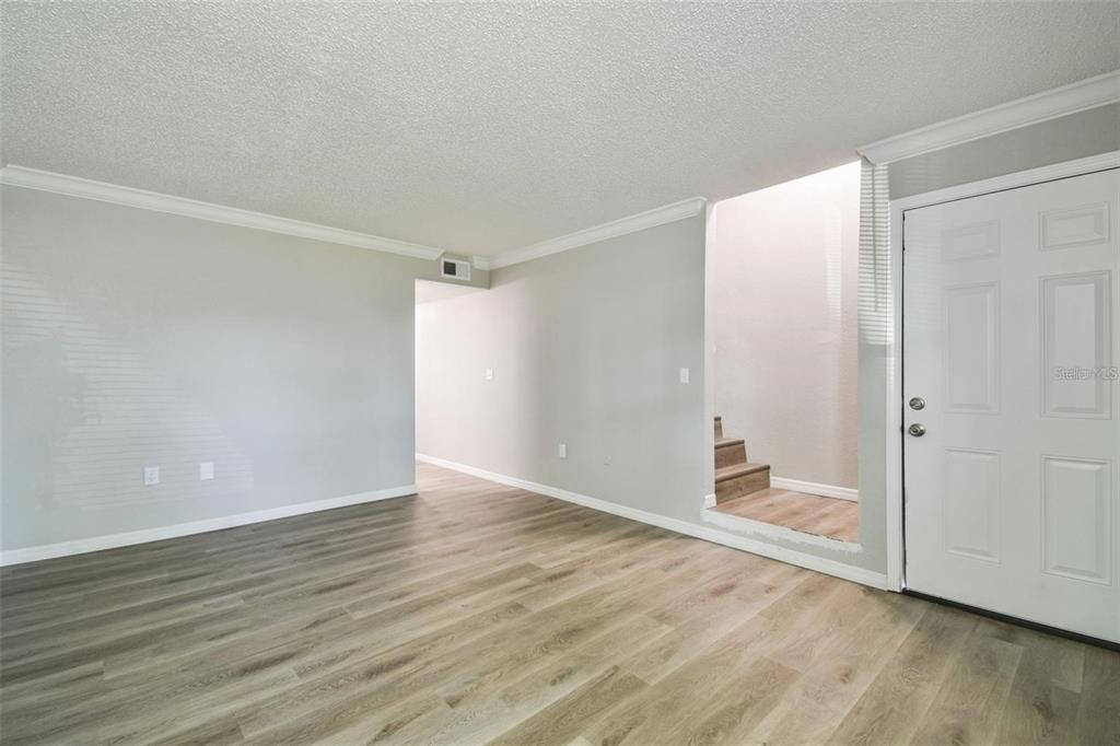 A living room with light gray walls, wood-look flooring, and a white front door — 726 HAVEN PLACE UNIT 726, TARPON SPRINGS, FL