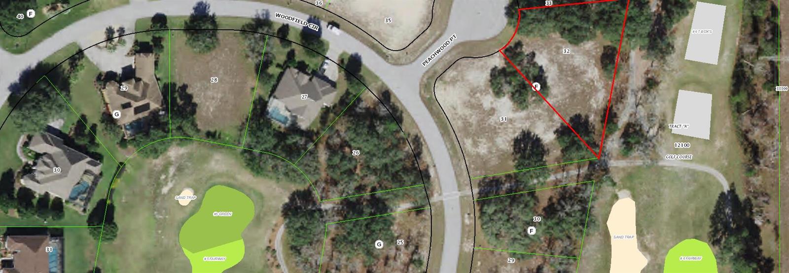 This is an aerial map showing residential lots, a cul-de-sac, and a golf course — 3 Peachwood Point, FL 34446, FL