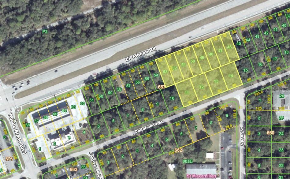 This is an aerial map showing residential lots and streets in a suburban neighborhood — 1454 EL JOBEAN ROAD, PORT CHARLOTTE, FL