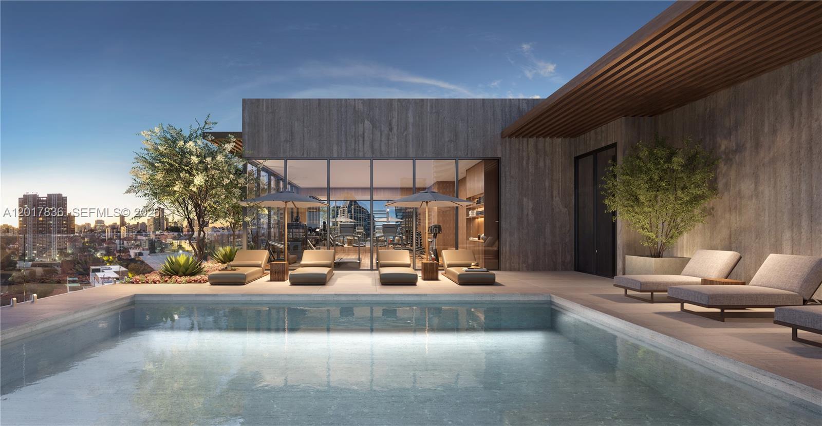 This architectural rendering shows a rooftop swimming pool with lounge chairs overlooking a city skyline — 3127 SW 27th Ave # 2A, Miami FL 33133, MIAMI, FL