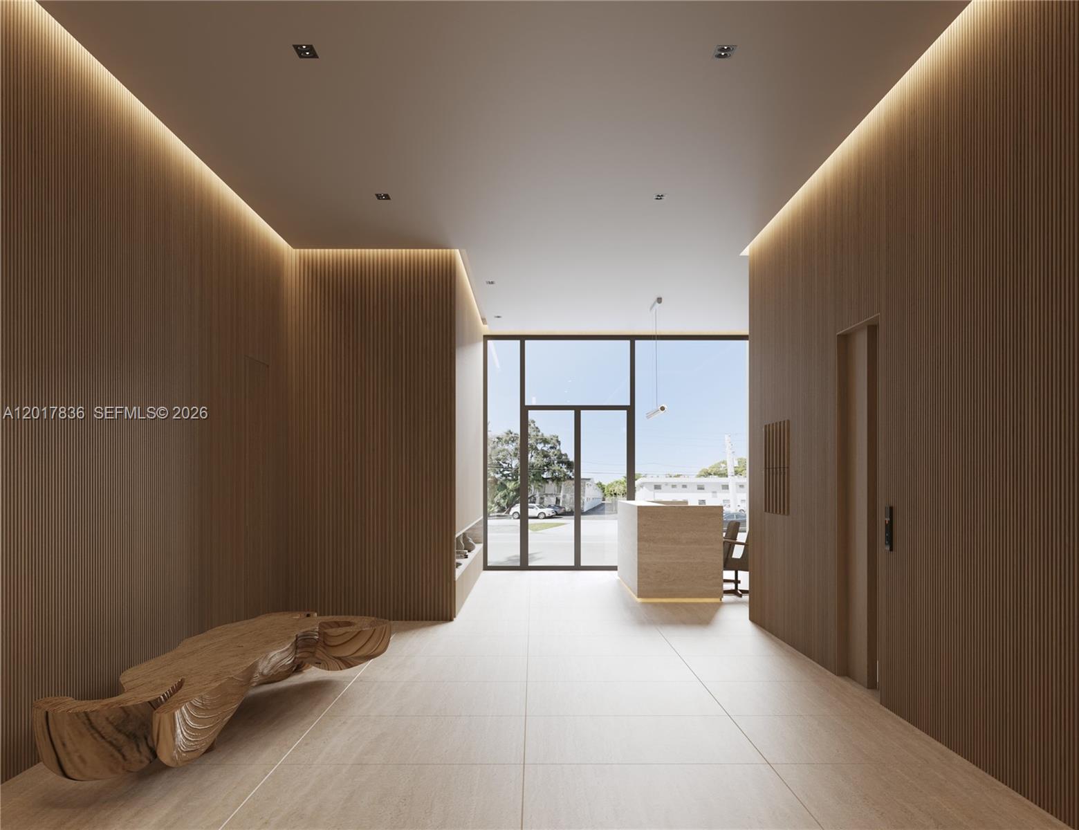 This rendering shows a modern lobby with slatted wood walls, a stone floor, and a bench — 3127 SW 27th Ave # 2A, Miami FL 33133, MIAMI, FL