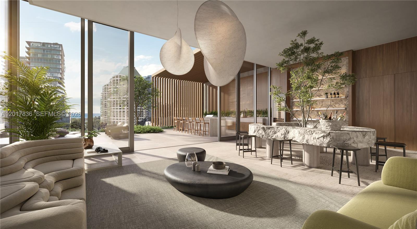 This rendering shows a modern indoor-outdoor living space with a stone table and city views — 3127 SW 27th Ave # 2A, Miami FL 33133, MIAMI, FL