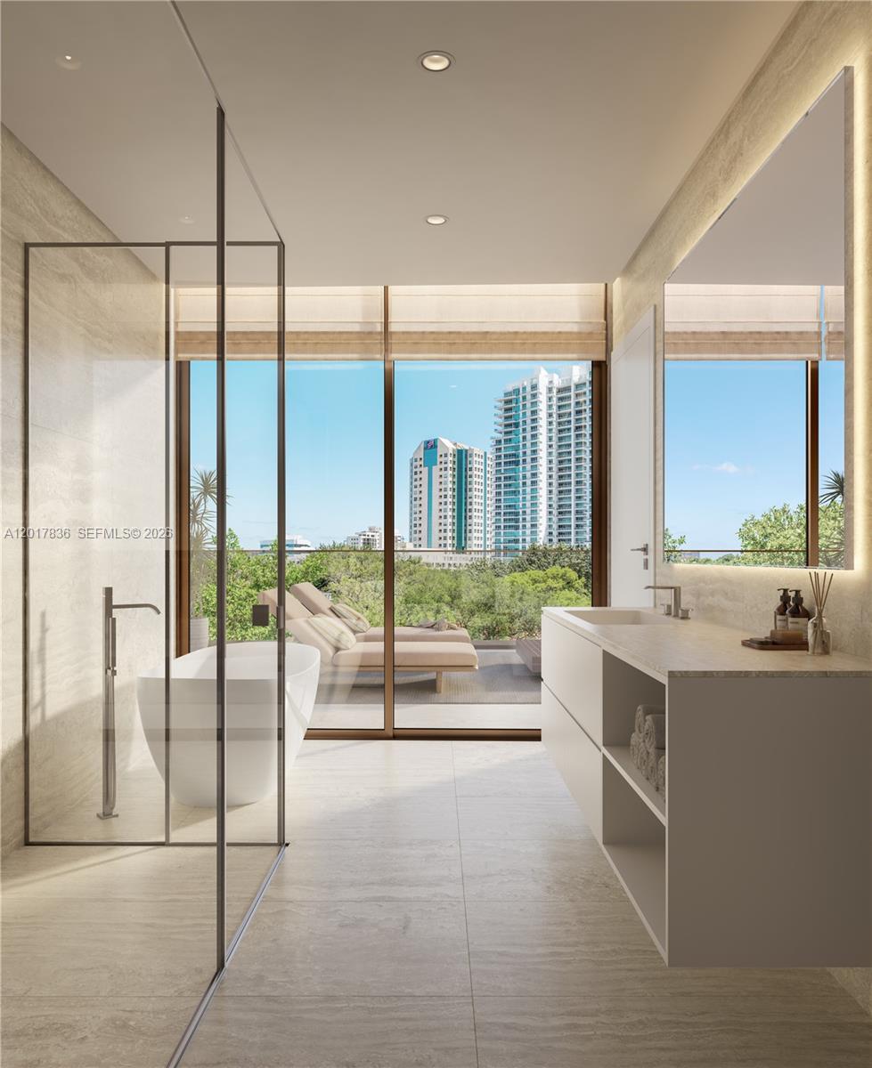 This rendering shows a modern bathroom with a glass shower, soaking tub, and balcony view — 3127 SW 27th Ave # 2A, Miami FL 33133, MIAMI, FL