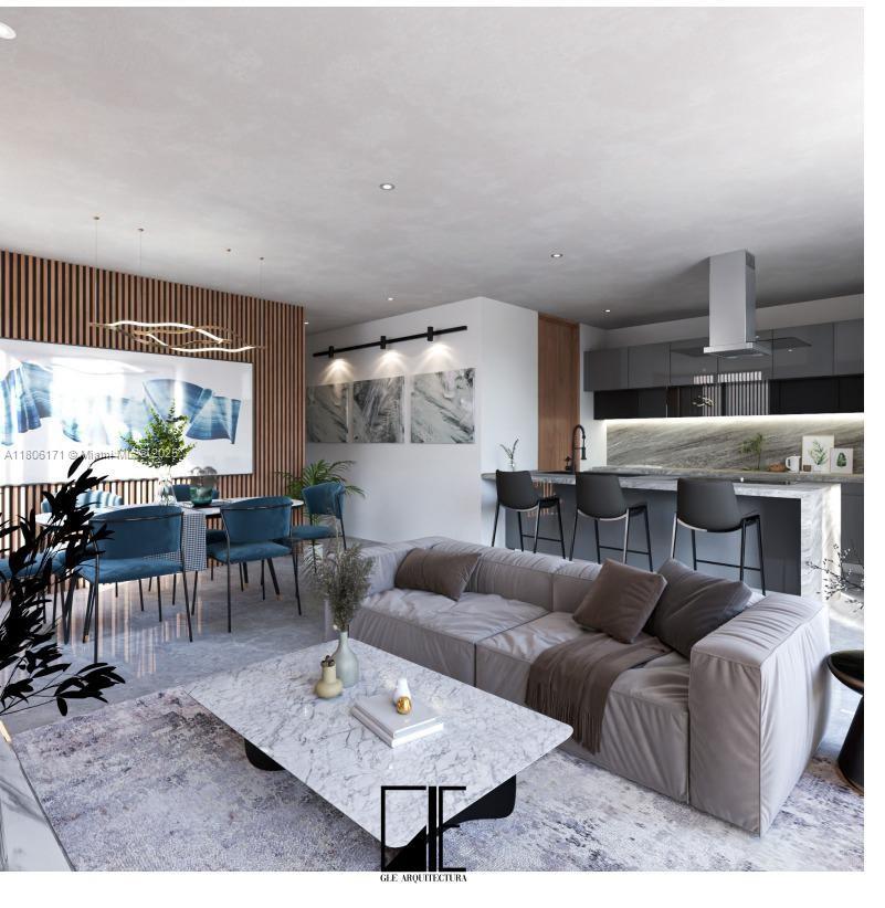 This rendering shows a modern open-concept living room and kitchen with marble accents and wood paneling — 2133 nw 48th st, Miami FL 33142, MIAMI, FL