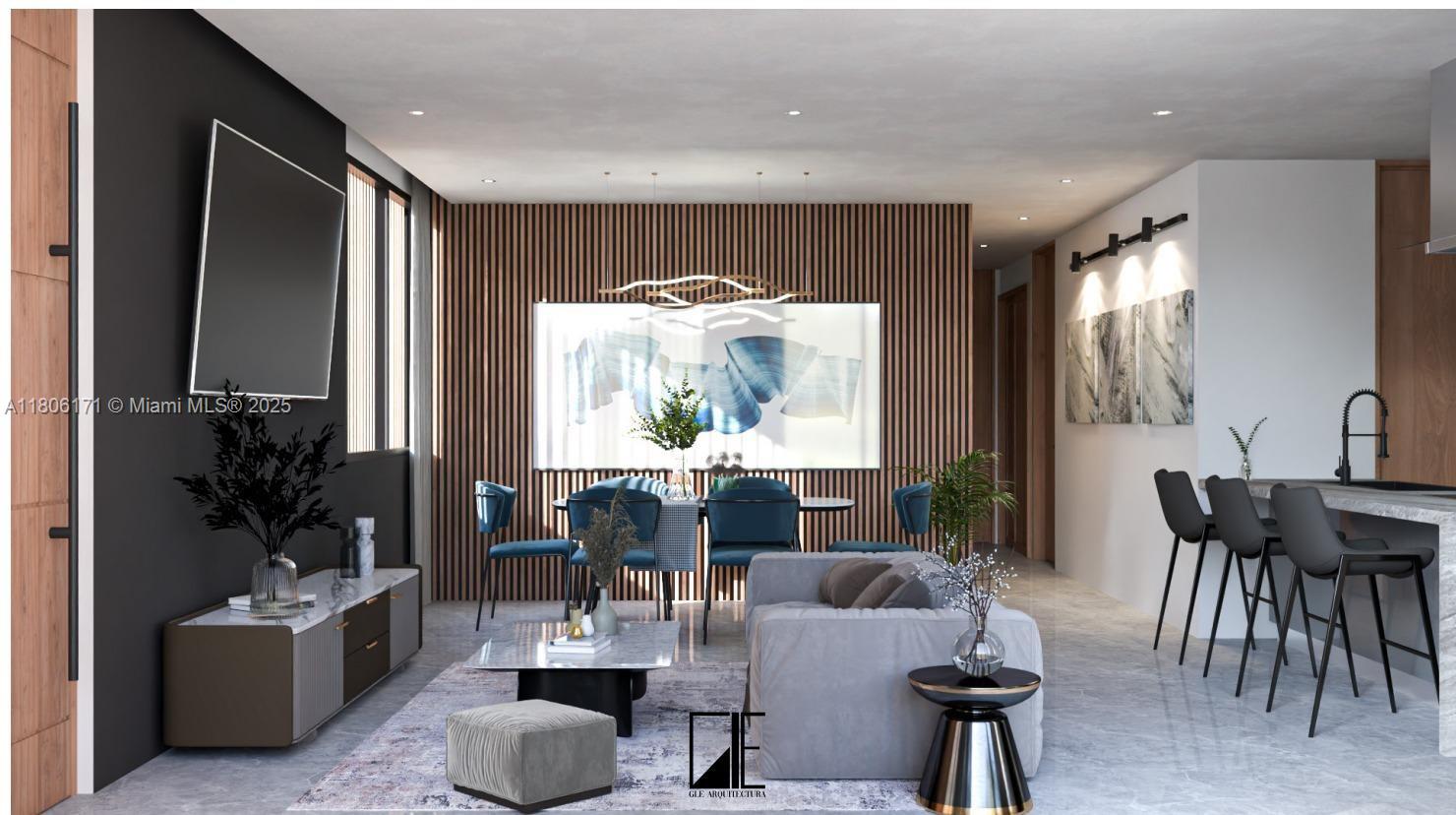 This is a rendering of an open-concept living and dining room with wood-slat wall paneling — 2133 nw 48th st, Miami FL 33142, MIAMI, FL