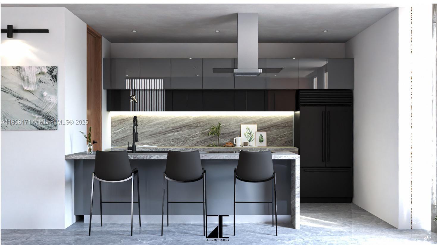 This is a rendering of a modern kitchen featuring gray cabinetry, marble countertops, and bar seating — 2133 nw 48th st, Miami FL 33142, MIAMI, FL