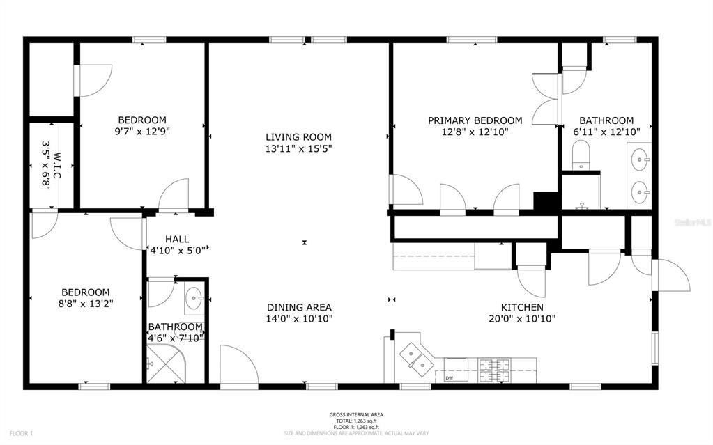 This is a floor plan for a three-bedroom, two-bathroom home with an open living area — 2031 PORTO BOULEVARD, NEW SMYRNA BEACH, FL