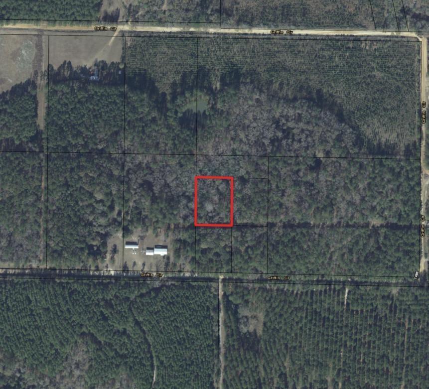 An aerial map view shows a rectangular property lot outlined in red within a wooded area — 0 Griffin Circle, FL 32464, FL