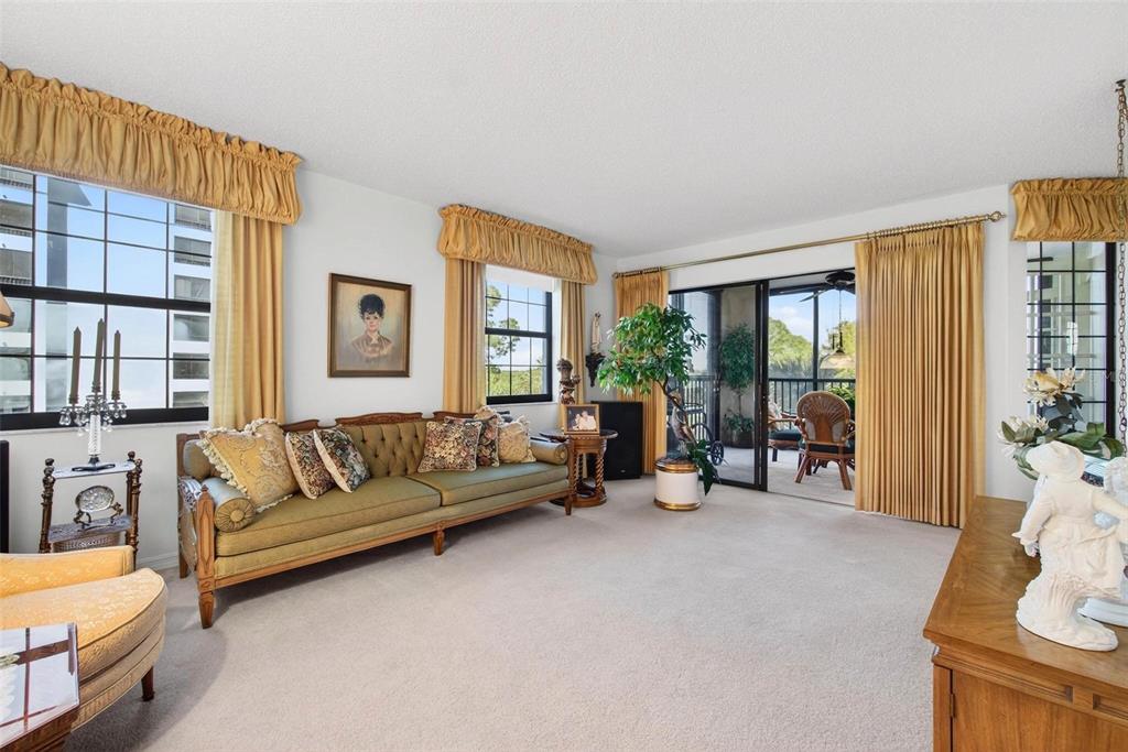 A living room features a green sofa, beige carpet, gold curtains, and a sliding glass door — 14820 RUE DE BAYONNE UNIT 302, CLEARWATER, FL