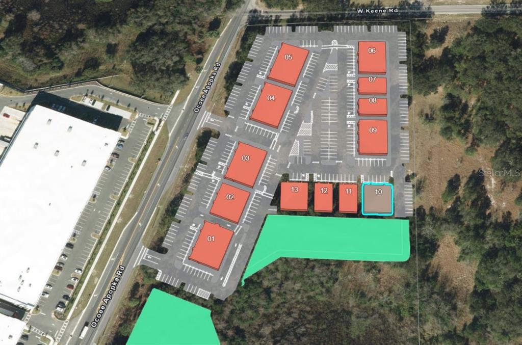 This is an aerial site plan rendering showing a commercial development with multiple building footprints — 2745 OCOEE APOPKA ROAD UNIT 10, APOPKA, FL