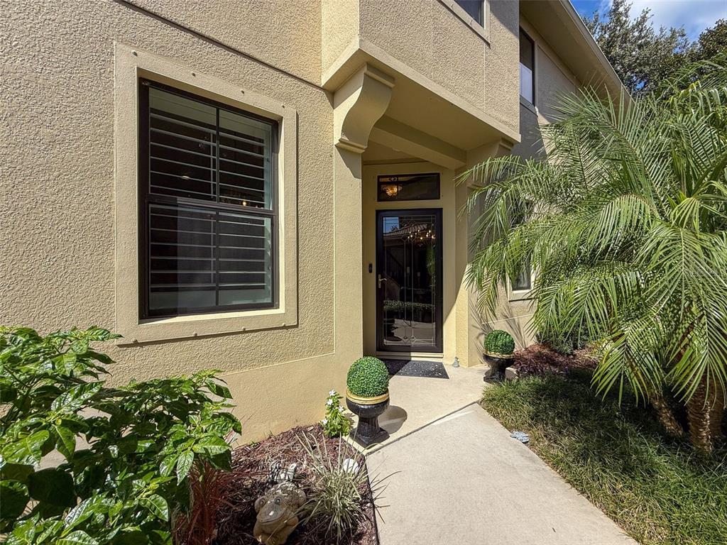 A beige stucco house exterior features a front door with a storm door and window — 2539 SILVERBACK COURT, PALM HARBOR, FL