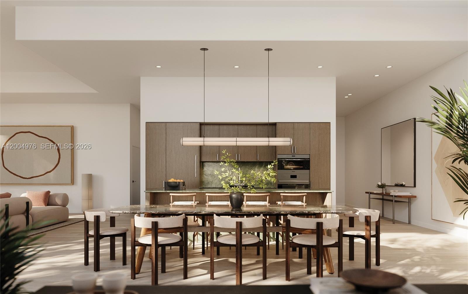 This rendering shows a modern dining room and kitchen with dark wood cabinetry and seating — 2835 S Tigertail Ave # 7, Coconut Grove FL 33133, COCONUT GROVE, FL