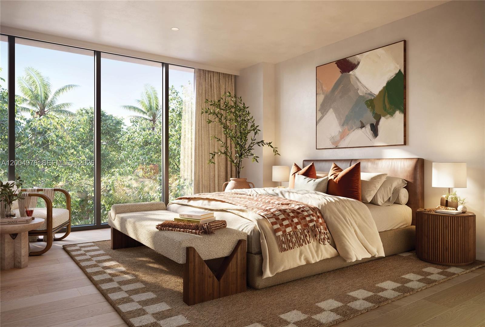 This rendering shows a modern bedroom with a large window, a bed, and a rug — 2835 S Tigertail Ave # 7, Coconut Grove FL 33133, COCONUT GROVE, FL