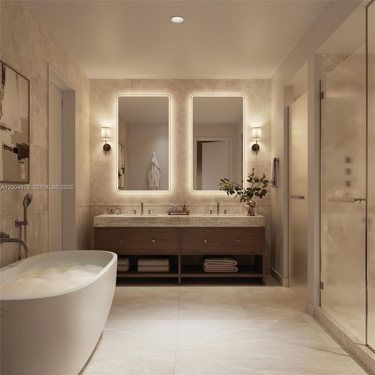 This is a rendering of a modern bathroom featuring a double vanity and freestanding tub — 2835 S Tigertail Ave # 7, Coconut Grove FL 33133, COCONUT GROVE, FL