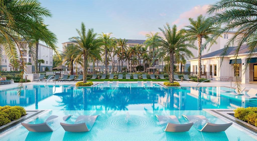 This rendering shows an apartment complex swimming pool with lounge chairs and palm trees — 2252 KENDRICK CIRCLE UNIT A2, SARASOTA, FL