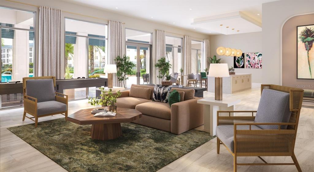 This rendering shows a modern lounge area with a sofa, armchairs, and floor-to-ceiling windows — 2252 KENDRICK CIRCLE UNIT A2, SARASOTA, FL