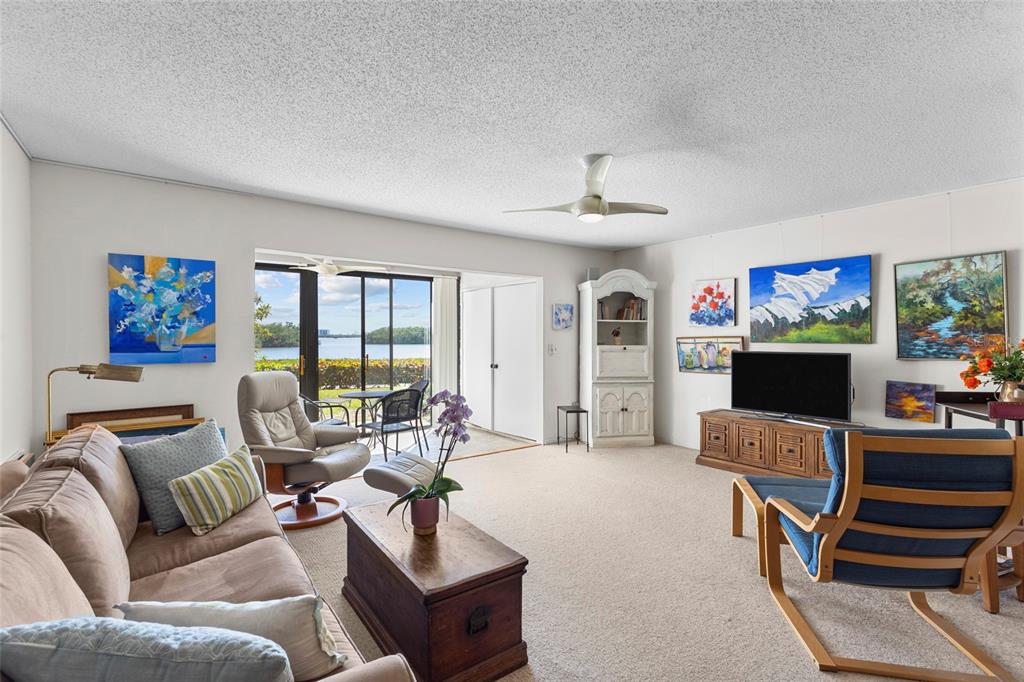 A living room features a beige sofa, a television, and sliding doors overlooking a lake — 1520 PELICAN POINT DRIVE UNIT 155, SARASOTA, FL