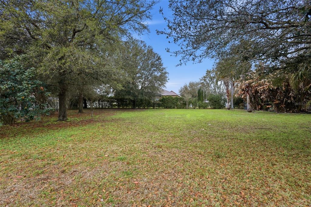 A large, grassy backyard features mature trees and a distant view of a house — 1042 SPINNING WHEEL DRIVE, APOPKA, FL