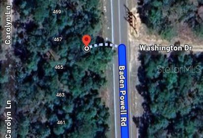 This is a map showing a vacant lot location near Baden Powell Road and Washington Drive — 465 BADEN POWELL ROAD, HAWTHORNE, FL