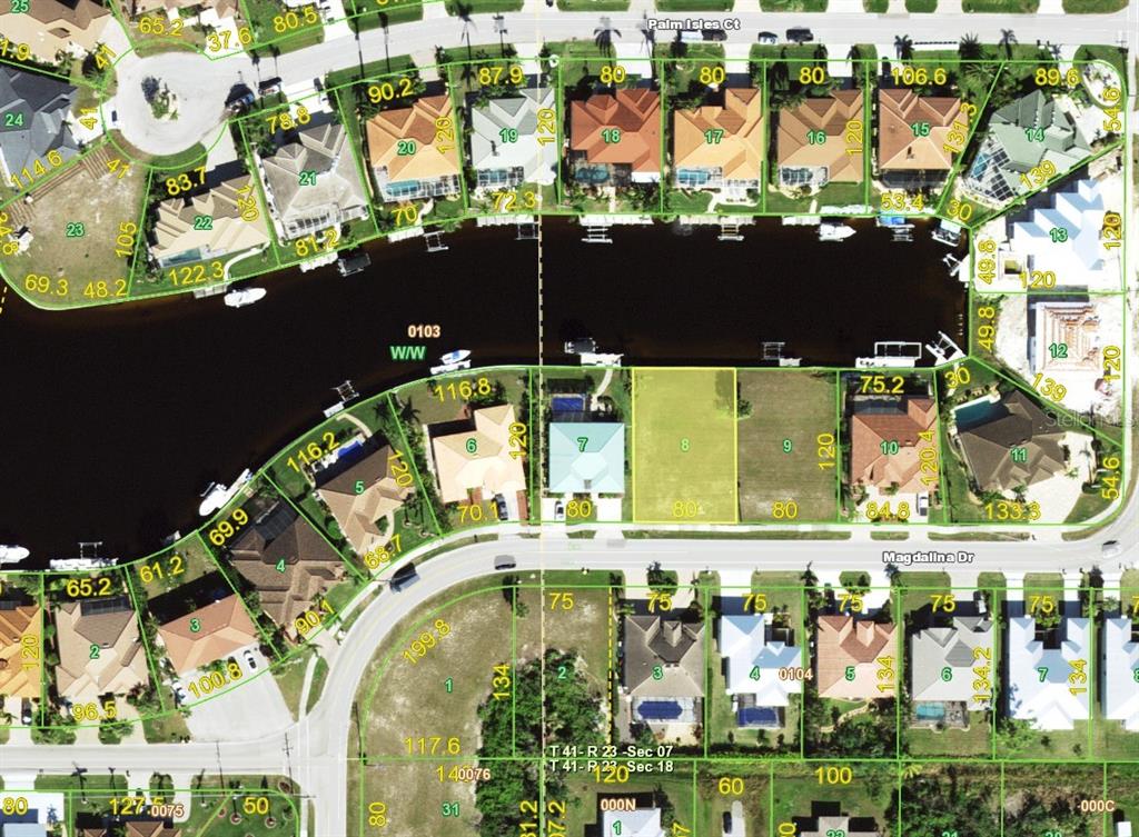 This is a satellite map showing residential waterfront lots along a canal — 2328 MAGDALINA DRIVE, PUNTA GORDA, FL