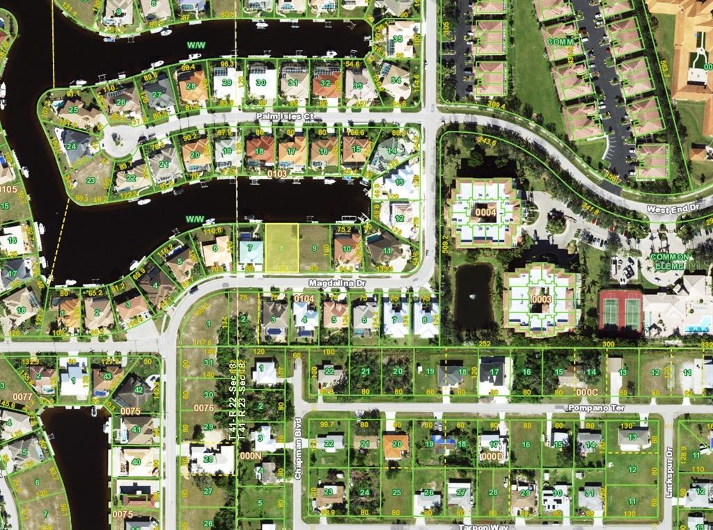 This is an aerial map showing residential properties, streets, and waterways in a neighborhood — 2328 MAGDALINA DRIVE, PUNTA GORDA, FL