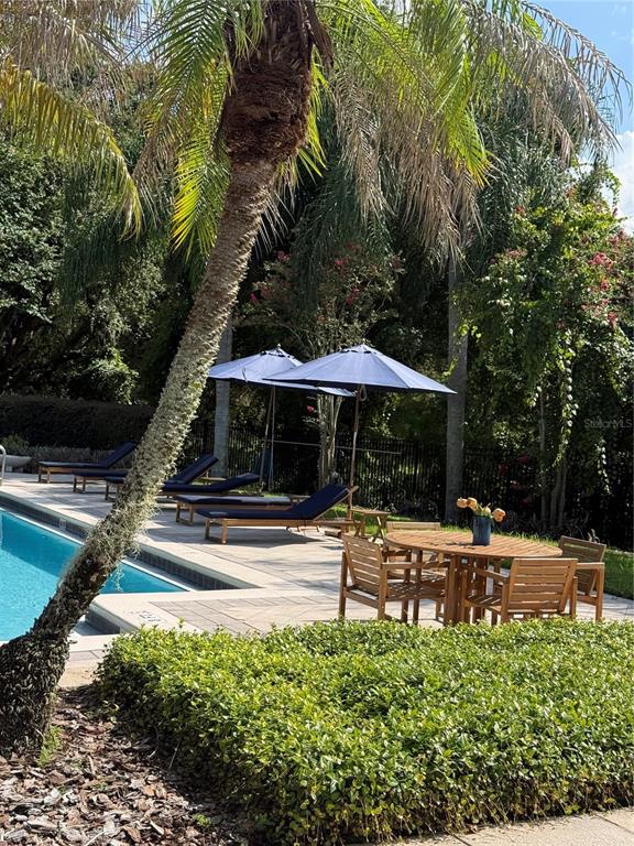 A swimming pool area features lounge chairs, a dining table with umbrellas, and palm trees — 6214 STEVENSON DRIVE UNIT 305, ORLANDO, FL