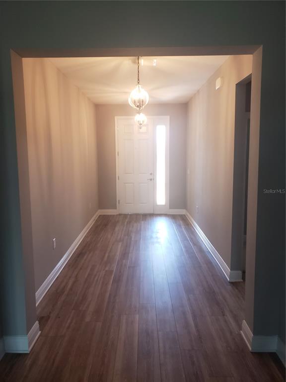 An entryway features wood-look flooring, light gray walls, and a hanging pendant light fixture — 9013 SW 79TH LANE, OCALA, FL