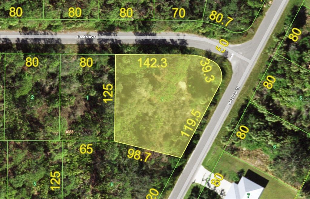 This is a satellite map showing a vacant, irregularly shaped residential lot — 15309 CASTO AVENUE, PORT CHARLOTTE, FL