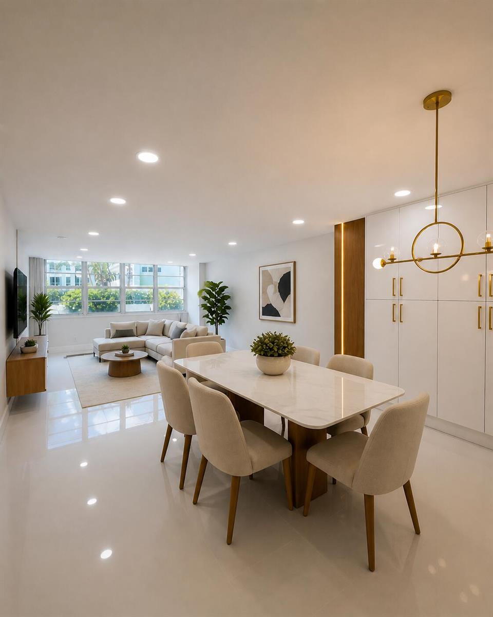 A modern dining area with a marble table and white cabinetry flows into a living room — 800 SE 20th Avenue # 105, Deerfield Beach FL 33441, DEERFIELD BEACH, FL