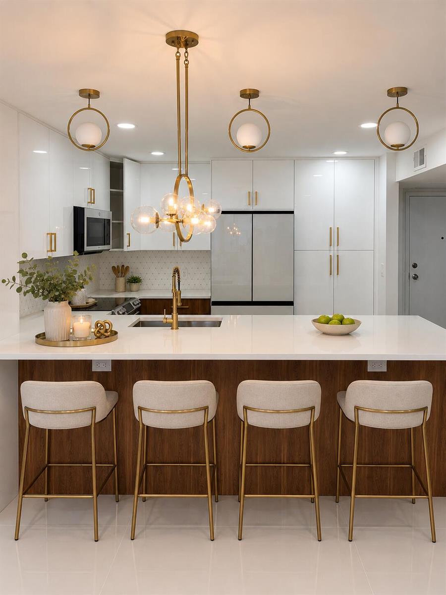 A modern kitchen features white cabinetry, a wood-paneled island with bar stools, and gold lighting — 800 SE 20th Avenue # 105, Deerfield Beach FL 33441, DEERFIELD BEACH, FL