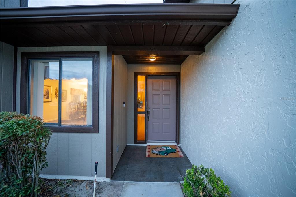 A front entryway features a gray door with a sidelight, a dark tiled porch, and stucco walls — 3601 NE 17TH LANE, OCALA, FL