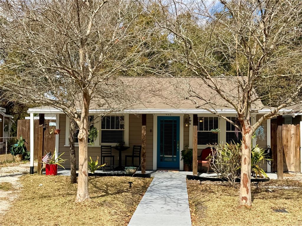 A single-story house with a blue front door, a covered porch, and two bare trees — 403 W CHELSEA STREET, TAMPA, FL